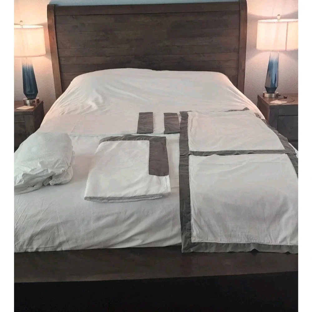 Ralph Lauren Cotton Sateen Graphite Trim Langdon King Duvet Sham Sheet Set White
